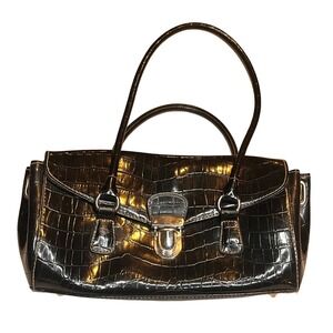 Hillard & Hanson Black Croc Embossed Shoulder Bag Faux Leather Y2K Silver Buckle